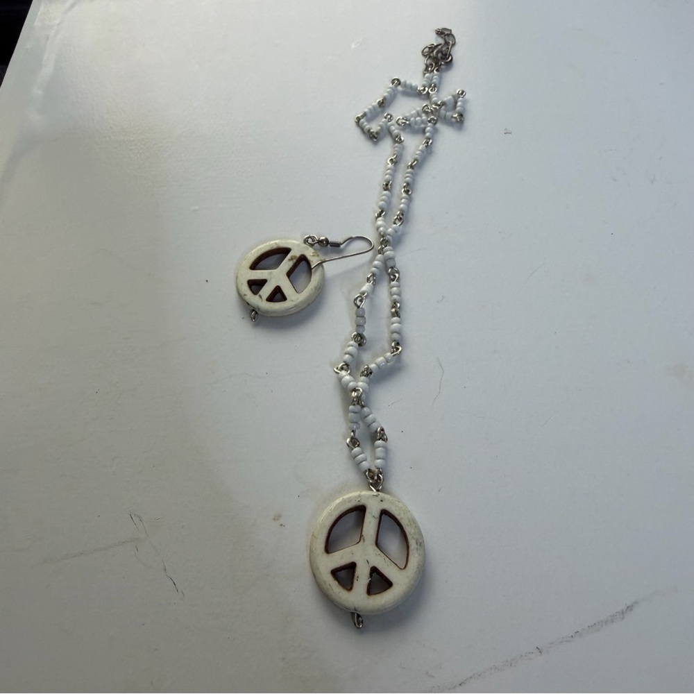 Peace Symbol White Necklace and Earring Set